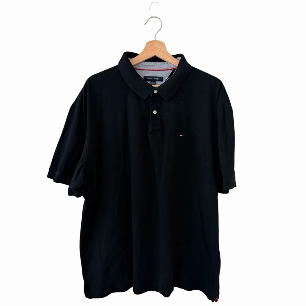 Tommy Hilfiger Polo Shirt Men Black‎ Custom Fit Short Sleeve Cotton Logo XXL